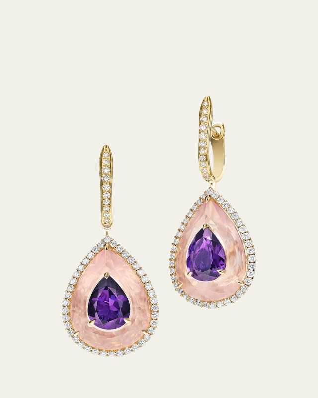18K Rose Gold Inlay Shine Earrings with Amethyst and Quartz